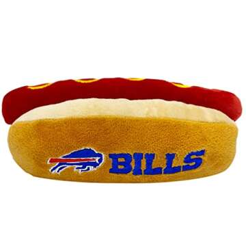 Pets First NFL Buffalo Bills HOT Dog Plush Dog & CAT Squeak Toy - Cutest HOT-Dog Snack Plush Toy for Dogs & Cats with Inner Squeaker & Beautiful Football Team Name/Logo, 8 x 5 x 3 Inches