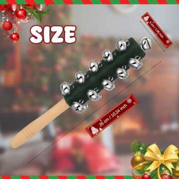 2 Pcs Christmas Hand Jingle Bells Wooden Handle Sleigh Bells Christmas Stick Jingle Bells Shaker Rattle Musical Percussion Handheld Bells Holiday Xmas Gifts (red,green)