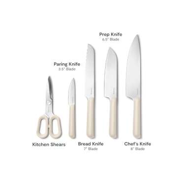 Caraway 5 Piece Knife Set - Premium German Steel Blade Kitchen Knives - Ergonomic Handles - No Microplastics - Cream