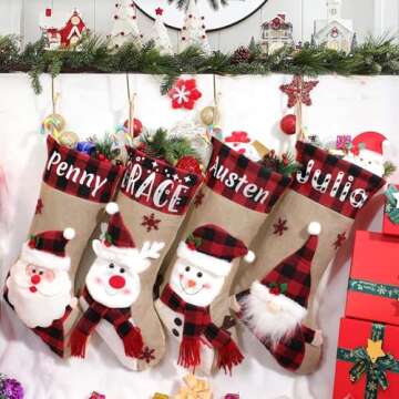 Dreamdecor Christmas Stockings Personalized with Name, 18" Christmas Stocking Deer Gnome Santa Snowman Burlap Plaid Xmas Stocking Holiday Christmas Decoration Gifts for Family Kids