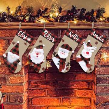 Dreamdecor Christmas Stockings Personalized with Name, 18" Christmas Stocking Deer Gnome Santa Snowman Burlap Plaid Xmas Stocking Holiday Christmas Decoration Gifts for Family Kids