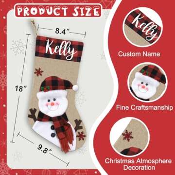 Dreamdecor Christmas Stockings Personalized with Name, 18" Christmas Stocking Deer Gnome Santa Snowman Burlap Plaid Xmas Stocking Holiday Christmas Decoration Gifts for Family Kids