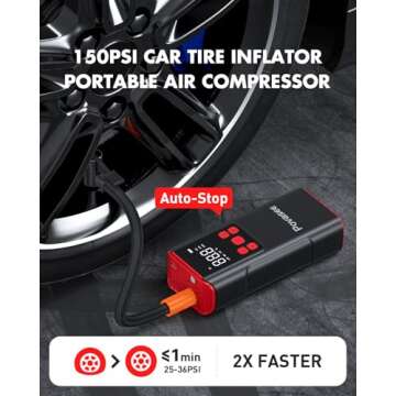 Tire Inflator Portable Air Compressor Povasee 150PSI Portable Air Pump for Car Tires Portable Air Compressor with LCD Display,Flashlight, 2X Tire Pump Faster suit for Cars Bikes Motorcycle Ball