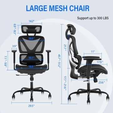 GABRYLLY Ergonomic Office Chair with Lumbar Support, Big and Tall Mesh Chairs with Adjustable 3D Arms, Headrest & Soft Seat, Large Desk Chair for Home Gaming,Black