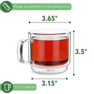 TaT- Stackable Insulated Coffee Mugs, Glass Tea Mugs, Set of 4 (12 oz, 350 ml), Double Wall Glass Coffee Cups, Tea Cups, Latte Cups, Beer Glasses, Latte Mug, Clear Mugs