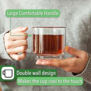 TaT- Stackable Insulated Coffee Mugs, Glass Tea Mugs, Set of 4 (12 oz, 350 ml), Double Wall Glass Coffee Cups, Tea Cups, Latte Cups, Beer Glasses, Latte Mug, Clear Mugs