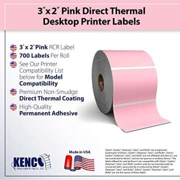 3” X 2" Direct Thermal Perforated Stickers Labels for Barcodes, Address, Small Business Labeling, Inventory and Color Coding - Compatible with Zebra, Rollo, Munbyn, and More (1 ROLL, Pink)