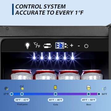 Tylza 15 Inch Beverage Refrigerator, Under Counter/Freestanding Drink Fridge, 130 Cans Beverage Cooler with Glass Door, Reversible Door, Low Noise, Quick Cooling - for Beer, Soda, ETC, Black