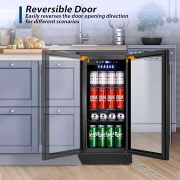 Tylza 15 Inch Beverage Refrigerator, Under Counter/Freestanding Drink Fridge, 130 Cans Beverage Cooler with Glass Door, Reversible Door, Low Noise, Quick Cooling - for Beer, Soda, ETC, Black