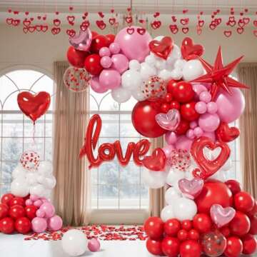 Bonropin 156pcs Valentines Day Balloon Arch Garland Kit with Pink White Red Confetti Heart Balloons Love Foil Balloons Explosion Star Balloons Rose Petals for Anniversary Wedding Romantic Decorations