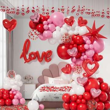 Bonropin 156pcs Valentines Day Balloon Arch Garland Kit with Pink White Red Confetti Heart Balloons Love Foil Balloons Explosion Star Balloons Rose Petals for Anniversary Wedding Romantic Decorations