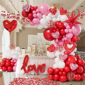 Bonropin 156pcs Valentines Day Balloon Arch Garland Kit with Pink White Red Confetti Heart Balloons Love Foil Balloons Explosion Star Balloons Rose Petals for Anniversary Wedding Romantic Decorations