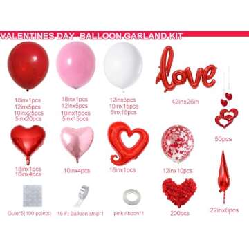 Bonropin 156pcs Valentines Day Balloon Arch Garland Kit with Pink White Red Confetti Heart Balloons Love Foil Balloons Explosion Star Balloons Rose Petals for Anniversary Wedding Romantic Decorations