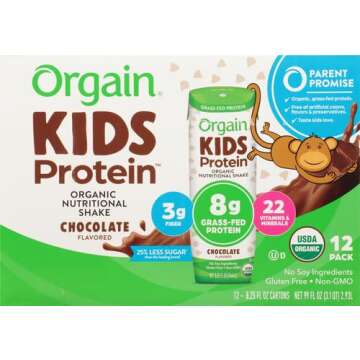 Orgain Organic Kids Nutritional Protein Shake, Chocolate, Healthy Kids Snacks, 8g Dairy Protein, 3g Fiber, 22 Vitamins & Minerals, No Soy Ingredients, Gluten Free, Non-GMO, 8.25 Fl Oz (Pack of 12)