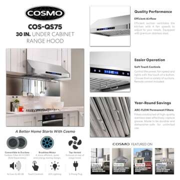 COSMO COS-QS75 30 in. Under Cabinet Range Hood with 500 CFM, Permanent Filters, LED Lights, Convertible from Ducted to Ductless (Kit Not Included) in Stainless Steel