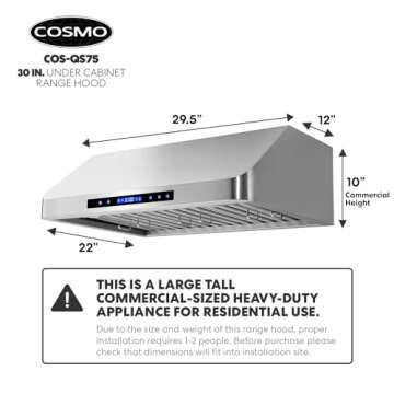 COSMO COS-QS75 30 in. Under Cabinet Range Hood with 500 CFM, Permanent Filters, LED Lights, Convertible from Ducted to Ductless (Kit Not Included) in Stainless Steel