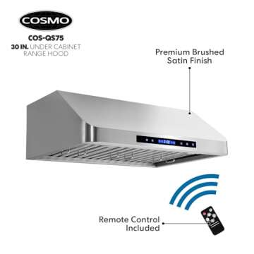 COSMO COS-QS75 30 in. Under Cabinet Range Hood with 500 CFM, Permanent Filters, LED Lights, Convertible from Ducted to Ductless (Kit Not Included) in Stainless Steel