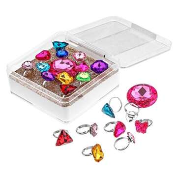 RICHNESS Adjustable Little Girl Jewel Rings Kids Gift Play Rings Multi Shapes Colorful Princess Pretend Jewel Rings Box Packed 12pcs …