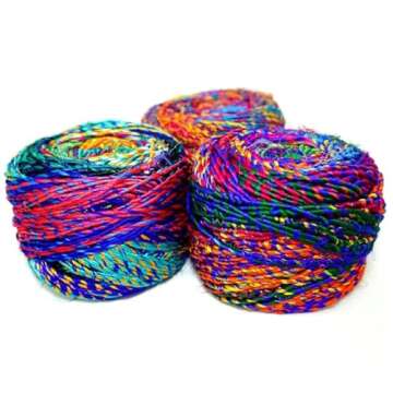 Revolution Fibers Recycled Sari Silk Yarn, Multi-Color Pure Silk Yarn, Made from Handspun Used Sari Fabric Ribbon Scraps, Rainbow Yarn for Knitting, Weaving & Crocheting 100 Grams per Ball (1-Ball)