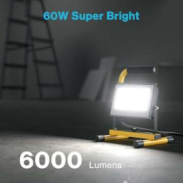 Olafus 60W LED Work Lights, 6000LM Portable Flood Light with Plug, 5000K Daylight, IP65 Waterproof Adjustable Job Site Lighting for Construction Site, Garage, Workshop, Jetty