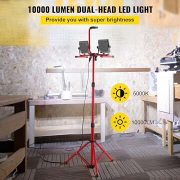 VEVOR LED Work Light with Stand, 10000 Lumen Dual-head LED Work Light with 27.6"-68.1" Adjustable and Foldable Tripod Stand, IP65 Waterproofed LED Tripod Work Light, with 5000 Kelvin Color Temperature