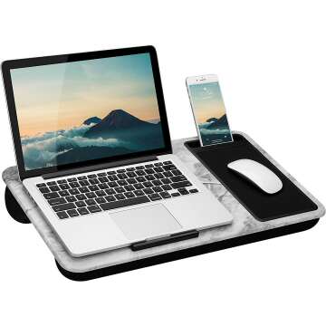 LapGear Home Office Lap Desk with Device Ledge, Mouse Pad, and Phone Holder - White Marble - Fits up to 15.6 Inch Laptops - Style No. 91501