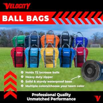 Velocity Heavy Duty Multipurpose Ball Bag with Durable Bottom - Holds up to 60-72 Balls - Ideal for Lacrosse, Baseball, Pickleball, Tennis & More, Black