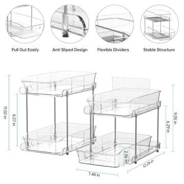 Delamu 2 Sets of 2-Tier Clear Under Sink Organizers and Storage, Multi-Purpose Stackable Bathroom Cabinet organizers, Pull Out Kitchen Pantry Organization and Storage with Dividers