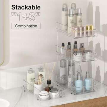 Delamu 2 Sets of 2-Tier Clear Under Sink Organizers and Storage, Multi-Purpose Stackable Bathroom Cabinet organizers, Pull Out Kitchen Pantry Organization and Storage with Dividers