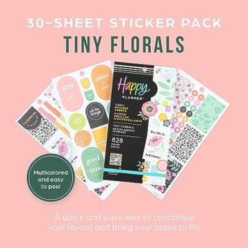 Happy Planner Sticker Pack, Easy-Peel Multicolor Stickers for Journals, Planners, and Calendars, Scrapbook Accessories, Tiny Florals Theme, 30 Sheets, 828 Stickers Total