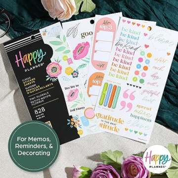 Happy Planner Sticker Pack, Easy-Peel Multicolor Stickers for Journals, Planners, and Calendars, Scrapbook Accessories, Tiny Florals Theme, 30 Sheets, 828 Stickers Total