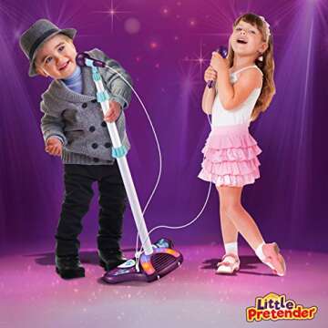 Little Pretender Kids Karaoke Machine with 2 Microphones and Adjustable Stand, Music Sing Along with Flashing Stage Lights and Pedals for Fun Musical Effects