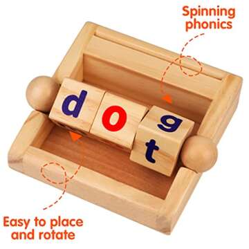 Montessori Toys for Toddlers 2 3 4 Years Old Wooden Reading Blocks Flash Cards Short Vowel Turning Rotating Matching Letters Toy for Kids Educational Alphabet Learning Toys for Preschool Boys Girls