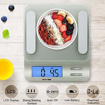 Accuweight 207 Digital Kitchen Multifunction Food Scale for Cooking with Large Back-lit LCD Display,Easy to Clean with Precision Measuring,Tempered Glass (Silver)