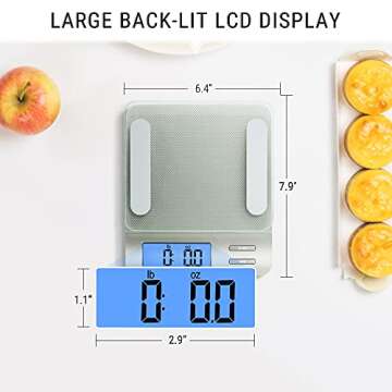 Accuweight 207 Digital Kitchen Multifunction Food Scale for Cooking with Large Back-lit LCD Display,Easy to Clean with Precision Measuring,Tempered Glass (Silver)