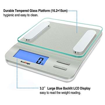 Accuweight 207 Digital Kitchen Multifunction Food Scale for Cooking with Large Back-lit LCD Display,Easy to Clean with Precision Measuring,Tempered Glass (Silver)