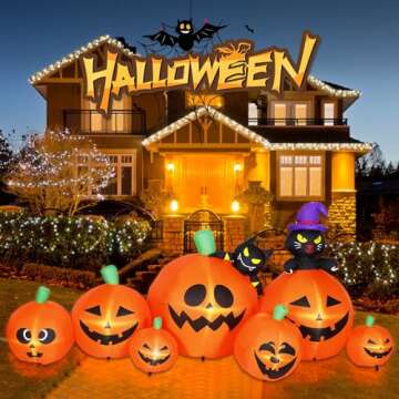 Lumiwind 8 FT Halloween Inflatable Pumpkins with Black Cat and Bat Decorations Outdoor, Blow Up Yard Decoration with Built-in LED Lights Décor for Lawn Garden Holiday Party