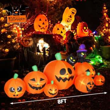 Lumiwind 8 FT Halloween Inflatable Pumpkins with Black Cat and Bat Decorations Outdoor, Blow Up Yard Decoration with Built-in LED Lights Décor for Lawn Garden Holiday Party