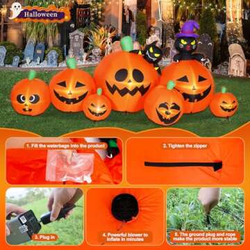 Lumiwind 8 FT Halloween Inflatable Pumpkins with Black Cat and Bat Decorations Outdoor, Blow Up Yard Decoration with Built-in LED Lights Décor for Lawn Garden Holiday Party