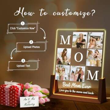 Personalized Mother’s Day Gifts for Mom, Custom Acrylic Plaque Printed with Photos Text, Birthday Gifts for Mom From Daughter Son, Custom Walnut Picture Frame With LED Night Light, Best Mom Ever Gifts