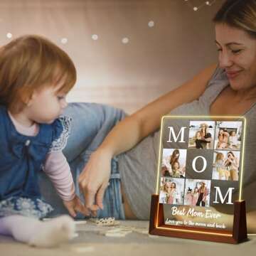 Personalized Mother’s Day Gifts for Mom, Custom Acrylic Plaque Printed with Photos Text, Birthday Gifts for Mom From Daughter Son, Custom Walnut Picture Frame With LED Night Light, Best Mom Ever Gifts