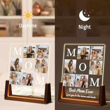 Personalized Mother’s Day Gifts for Mom, Custom Acrylic Plaque Printed with Photos Text, Birthday Gifts for Mom From Daughter Son, Custom Walnut Picture Frame With LED Night Light, Best Mom Ever Gifts