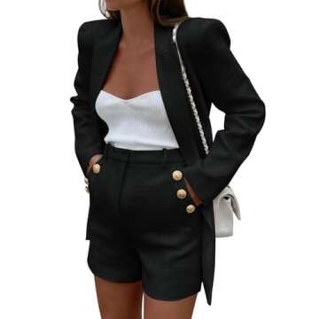 Cicy Bell Womens 2 Piece Tweed Blazer Shorts Sets Long Sleeve Double Breasted Suit Jackets Business Outfit (US, Alpha, Large, Regular, Regular, Black)