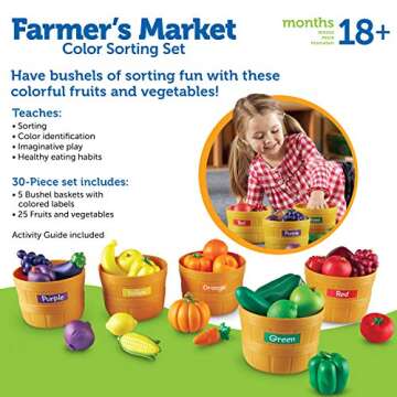 Learning Resources Farmer’s Market Color Sorting Set - 30 Pieces Age 18+ Months Toddler Learning Toys, Sorting Toys for Kids, Play Food,Easter Basket Stuffers​