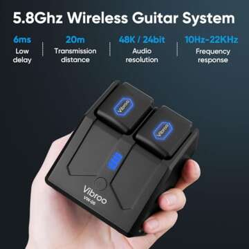 Vibroo 5.8Ghz Wireless Guitar System, Charging Case Included, Wireless Transmitter and Receiver with 4 Channels for Guitars Bass and Other Electric Instruments