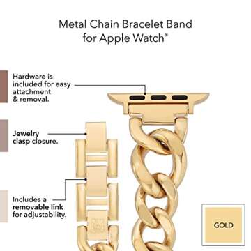 Anne Klein Fashion Chain Bracelet for Apple Watch, Secure, Adjustable, Apple Watch Replacement Band, Fits Most Wrists (38/40/41mm, Gold),WK-1016GPGP, Gold-Tone