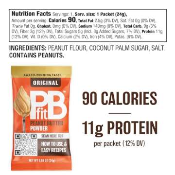 PBfit Peanut Butter Powder, Powdered Peanut Spread From Real Roasted Pressed Peanuts, 11g of protein 12% DV (PDCAAS) per packet, 0.84 oz (Pack of 30)