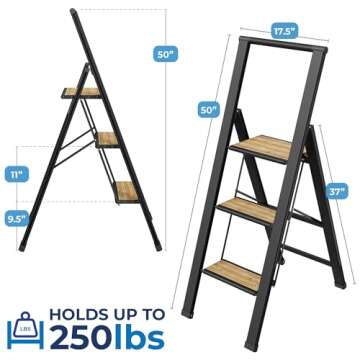 Step Ladder 3 Step Folding, Decorative - Beautiful Bamboo & Black Aluminum, Ultra Slim Profile, Anti Slip Steps, Sturdy-Portable for Home, Office, Kitchen, Photography Use,by SORFEY