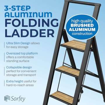 Step Ladder 3 Step Folding, Decorative - Beautiful Bamboo & Black Aluminum, Ultra Slim Profile, Anti Slip Steps, Sturdy-Portable for Home, Office, Kitchen, Photography Use,by SORFEY