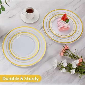 Goodluck 120PCS Gold Plastic Plates, Heavy Duty Disposable Gold Plates with 60 10.25 inch Dinner Plates and 60 7.5 inch Dessert Plates, Disposable Plates for Party, Holiday, Wedding